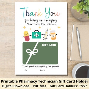 Carte-cadeau imprimable Technicien en pharmacie | Porte-cartes Pharmacy Tech | Titulaire de la carte-cadeau Merci Technicien en pharmacie