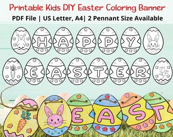Kids Easter DIY Coloring Banner Crafts | Printable Happy Easter DIY Coloring Garland | Easter Classroom Craft Activities |Easter Bunting DIY