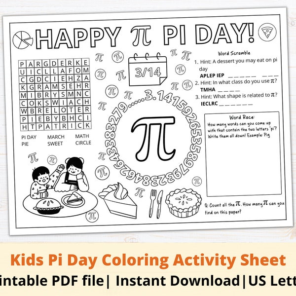 Printable Kids Pi Day Coloring Activity Sheet | Kids Pi Day Worksheet | Pi Day Classroom Activity | Pi Day Coloring | Pi Day Activity Ideas