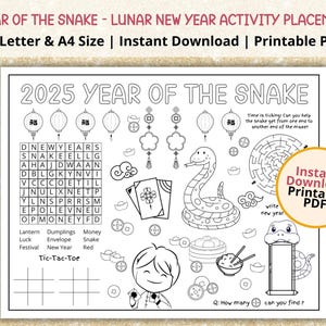 2025 Lunar New Year Placemat | Year of the Snake | Printable Coloring Placemat for Kids | Chinese New Year Kids Coloring Page Activities