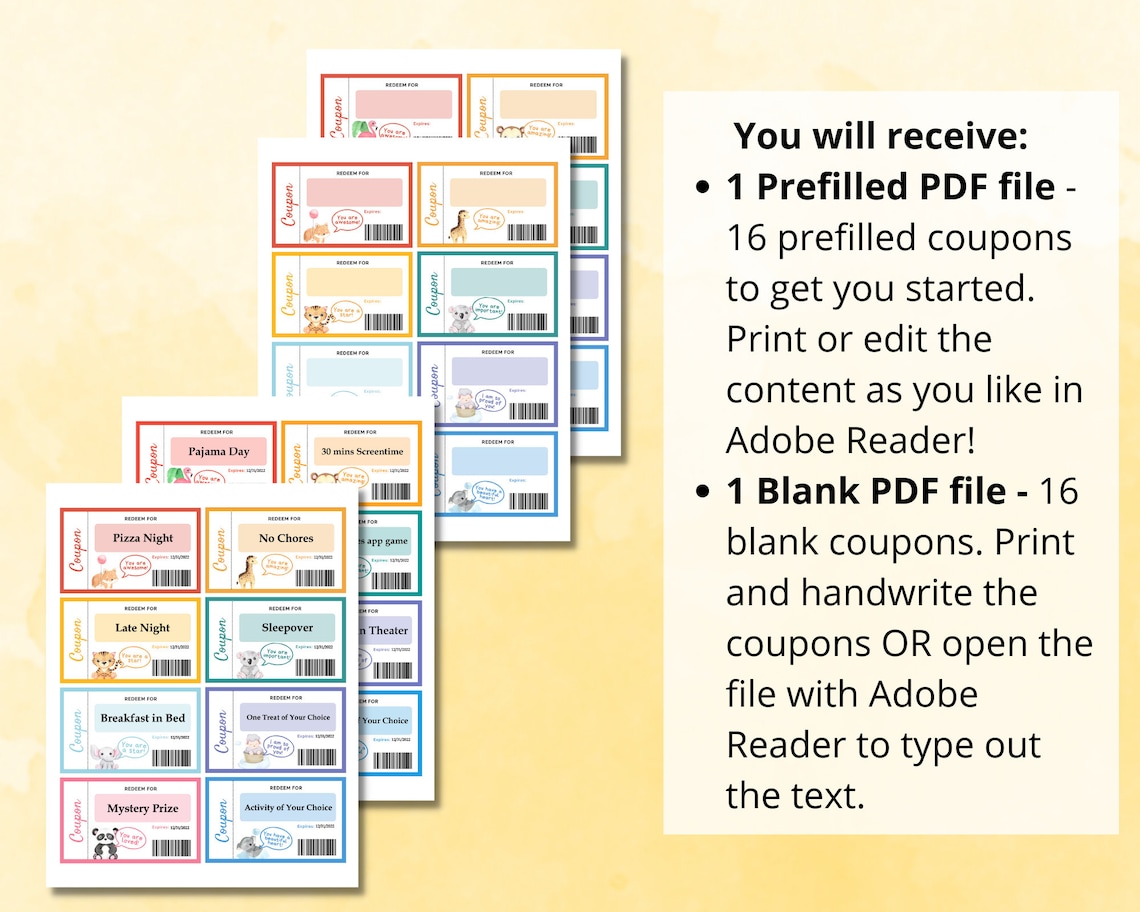Editable Kids Coupons Printable Kids Reward Cards Animal Coupons ...