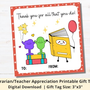 Printable Librarian Teacher Appreciation Gift Tags | Teacher Appreciation Gift Tags | Librarian Gift Tags | Book Tag | Thank You Tag