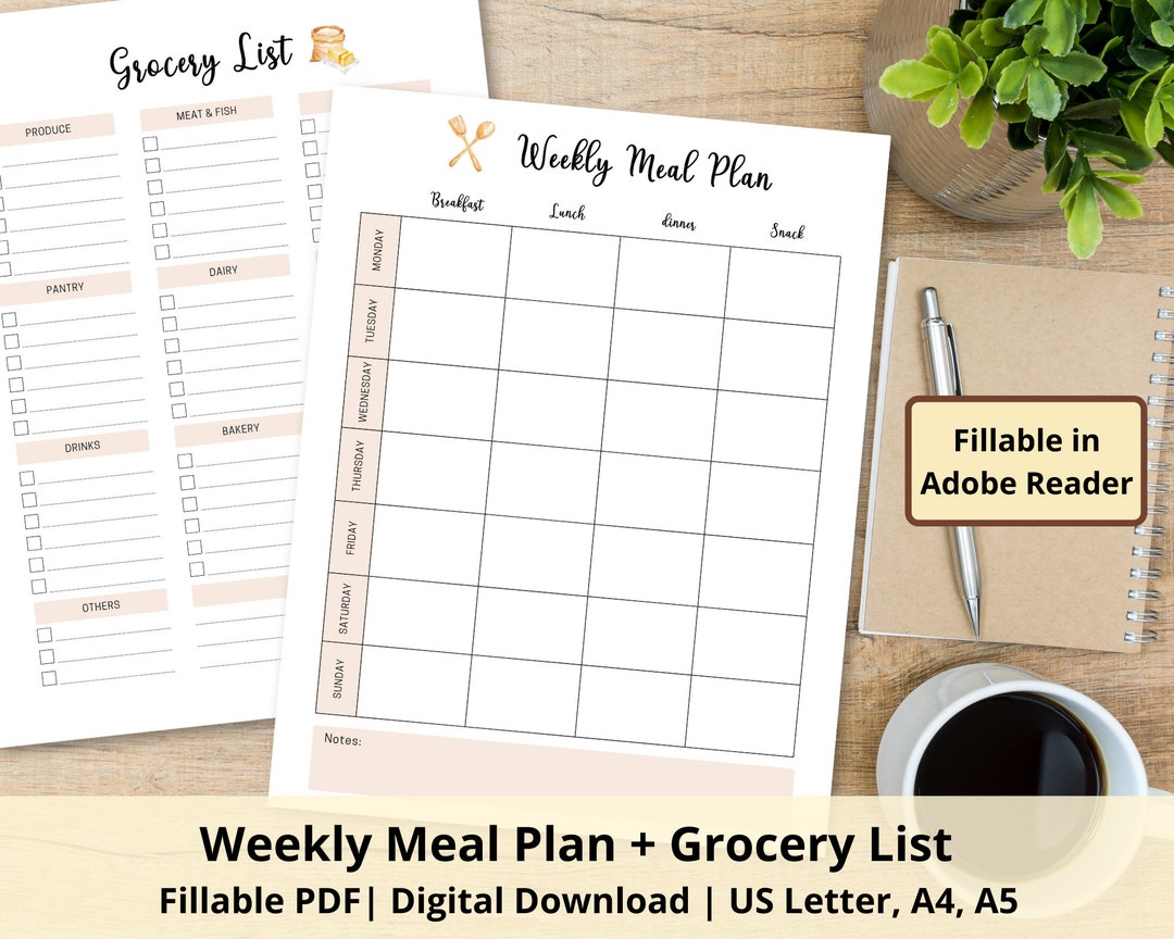 Editable Weekly Meal Planner Grocery List | Printable Weekly Menu ...