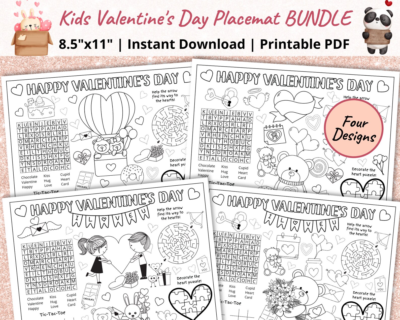 Kids Valentine Coloring Placemat Bundle | Printable Valentine's Day ...
