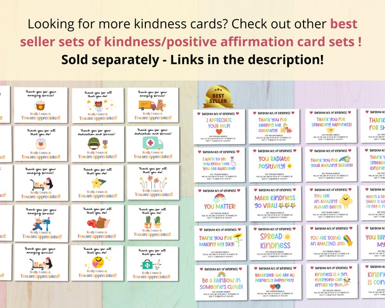 Puede incluir: Un conjunto de 20 tarjetas de amabilidad coloridas con afirmaciones positivas e ilustraciones. Las tarjetas est&aacute;n impresas en cartulina blanca y presentan una variedad de dise&ntilde;os, que incluyen animales, flores y arco&iacute;ris. El texto en las tarjetas incluye frases como "T&uacute; importas", "Difunde la amabilidad" y "Gracias por hacer mi d&iacute;a".