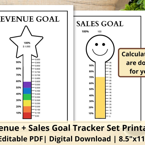 Suivi des objectifs de revenus imprimable | Suivi des objectifs de vente | Tracker de thermomètre remplissable | PDF modifiable | Suivi des objectifs d'épargne