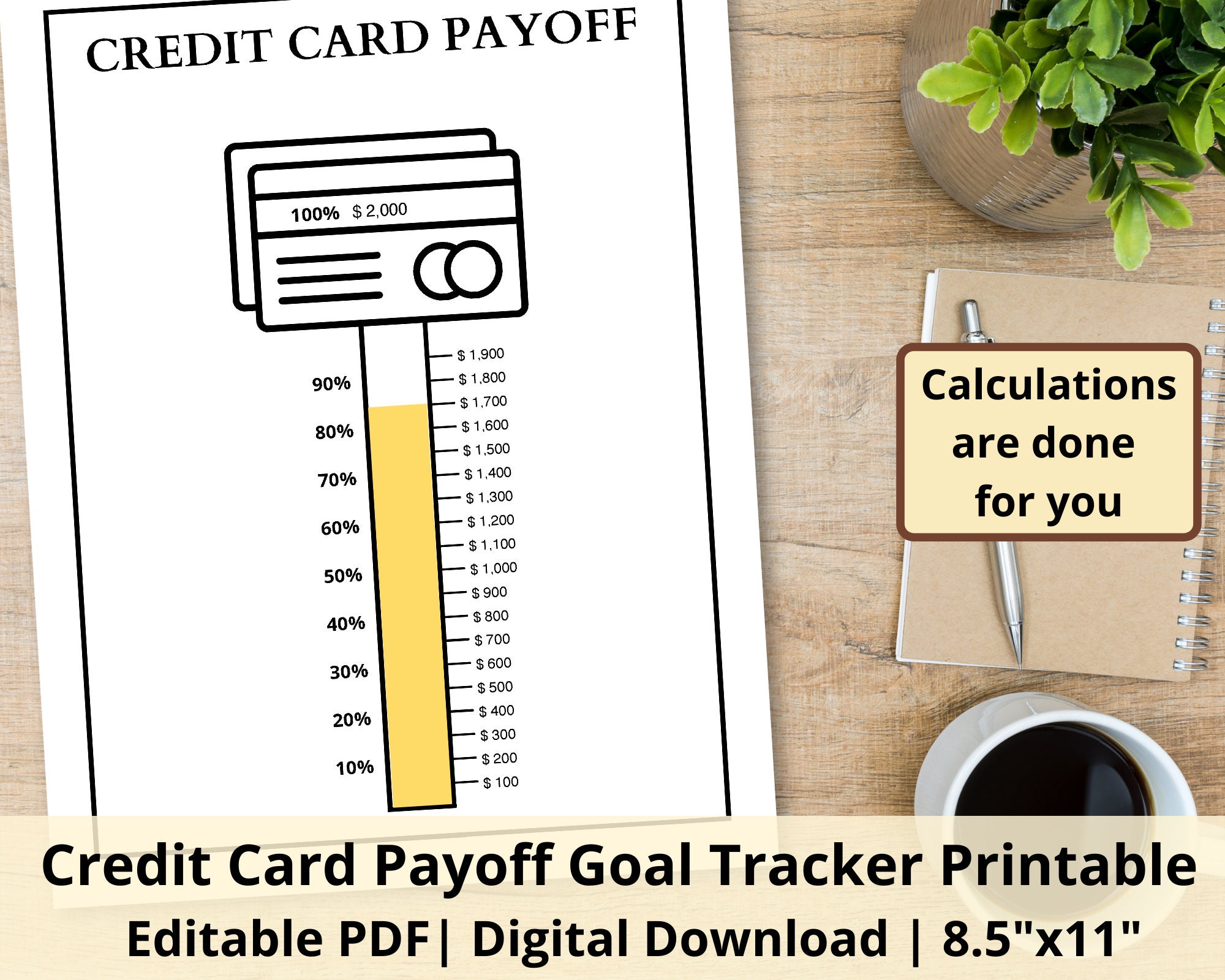 Credit Card Debt Payoff Tracker | Fillable Thermometer Tracker | Printable Credit Card Debt Goal Tracker | Debt Free Tracker