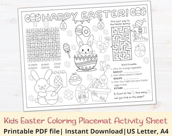 Kids Easter Placemats Printable | Easter Coloring Placemats | Classroom Easter Activity Sheet | Easter Coloring Page | Easter Party Activity