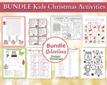 May include: A bundle of printable Christmas activities for kids. The bundle includes a word search puzzle, a word puzzle, a Christmas bingo game, a Christmas scavenger hunt, and a Christmas light scavenger hunt. The text "Bundle Activities Instant Download" is in a red circle.