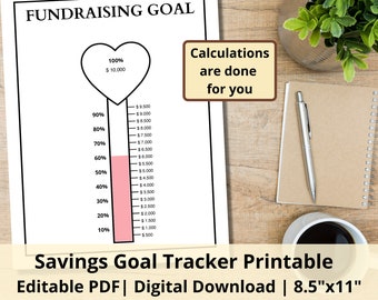 Fundraising Goal Tracker Printable | Donation Goal Tracker | Fillable Thermometer Tracker | Editable PDF | Savings Goal Tracker