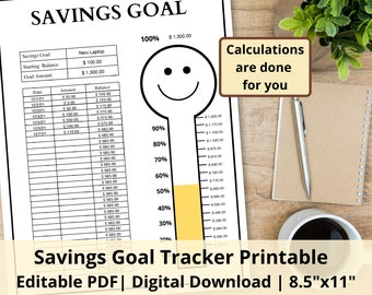Savings Goal Tracker Printable | Fillable Savings Thermometer Tracker | Editable PDF | Happy Face Savings Goal Tracker