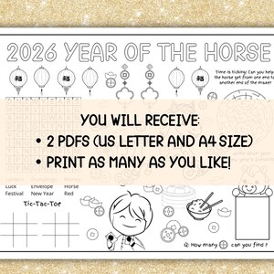 2026 Lunar New Year Placemat | Year of the Horse | Printable Coloring Placemat for Kids | Chinese New Year Kids Coloring Page Activities image 2