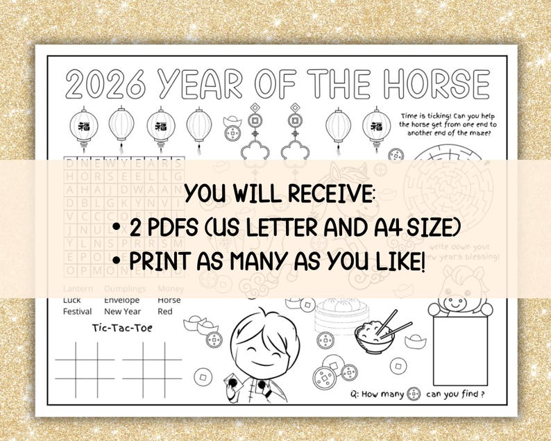 2026 Lunar New Year Placemat | Year of the Horse | Printable Coloring Placemat for Kids | Chinese New Year Kids Coloring Page Activities image 2