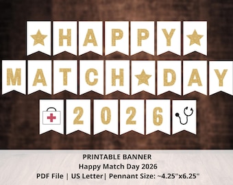 Banner imprimível "Feliz Dia da Escolha de Residência 2026" | Banner dourado com glitter para o Dia da Escolha de Residência | Banner de Residência | Celebração do Dia da Escolha de Residência | É um Match