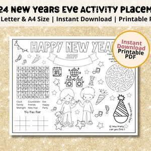 2024 New Years Eve Placemat | Printable Coloring Placemat for Kids | New Years Activity Worksheet | Happy New Year Coloring Placemat