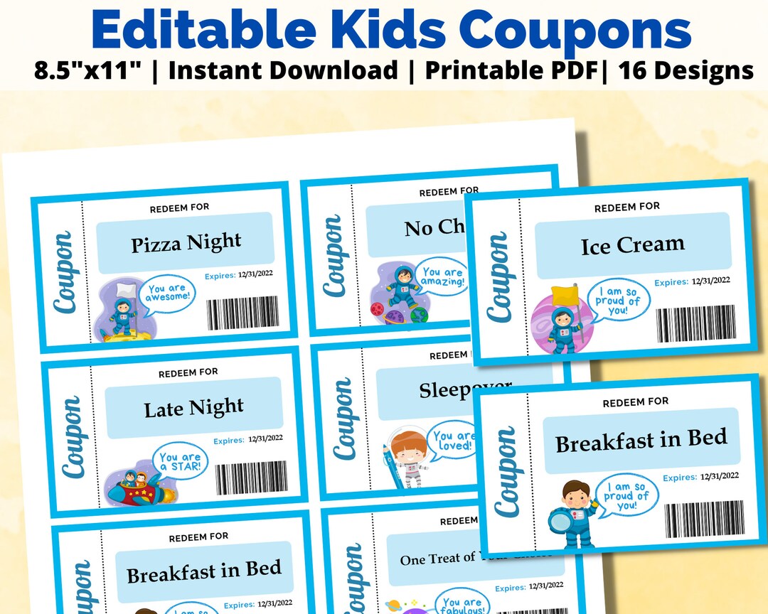 EDITATBLE Kids Coupons | Printable Kids Reward Cards | Printable ...