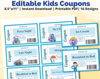 EDITATBLE Kids Coupons | Printable Kids Reward Cards | Printable Coupons for Kids | Reward Vouchers | Kids Coupon Book | Blue Coupons