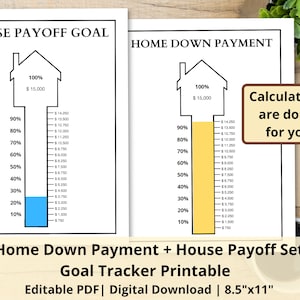 Puede incluir: Planificador de pago de hipoteca y rastreador de pago inicial de vivienda imprimible. El rastreador es una representación visual de una casa con un gráfico de barras que muestra los porcentajes del 10% al 100% con las cantidades correspondientes en euros. El rastreador de pago de hipoteca es azul y el rastreador de pago inicial es amarillo. El texto "Los cálculos están hechos para ti" está en un cuadro marrón.