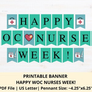Puede incluir: Pancarta imprimible con el texto "HAPPY WOC NURSES WEEK!" en banderines azul turquesa con símbolos médicos rojos y blancos. Los banderines miden aproximadamente 10,8 cm por 15,9 cm.