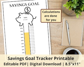 Savings Goal Tracker Printable | Fillable Savings Thermometer Tracker | Editable PDF | Piggy Bank Savings Goal Tracker