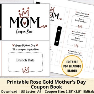Printable Mother&#39;s Day Coupon Book | Editable Mom&#39;s Coupon Book | Rose Gold Glitter Coupon Book | Gift for Mom | DIY Coupon Book Template