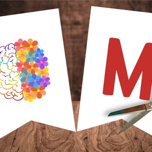 May include: Two white banners with a brain on the left and the letter M on the right. The brain is half filled with colorful flowers. A pair of gold scissors is cutting the banner with the letter M.