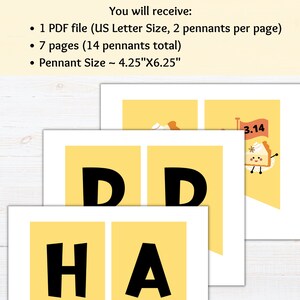 May include: Printable banner with the words "Happy" and "Day" in black letters on a yellow background. The banner is made up of individual pennants that are 4.25 inches by 6.25 inches.
