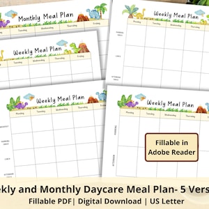 Printable Weekly and Monthly Daycare Meal Plan | Fillable Daycare Menu | Childcare Meal Plan | Dinosaur Meal Planner