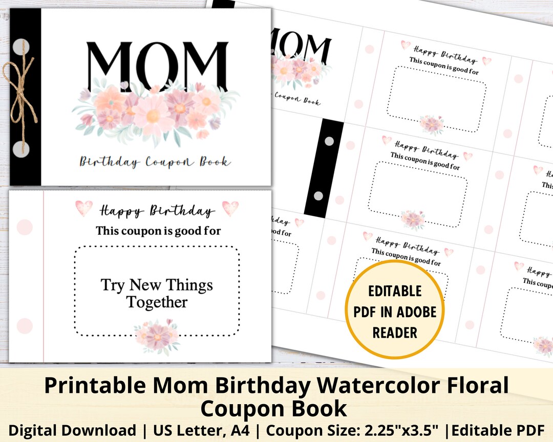 Printable Mom Birthday Coupon Book Template | Editable Mom Birthday Coupons | Floral Flower ...