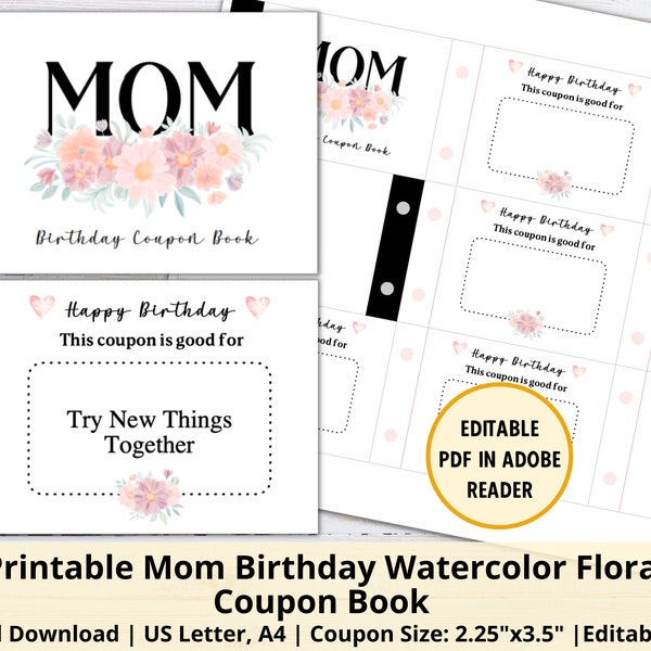 Printable Mom Birthday Coupon Book Template | Editable Mom Birthday Coupons | Floral Flower Coupon | Personalized Mom Birthday Gift Voucher