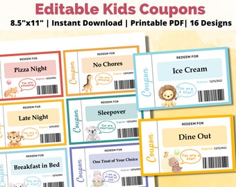 Editable Kids Coupons | Printable Kids Reward Cards | Animal Coupons | Behavior Reward Coupons | Coupons for Kids | Coupon Book