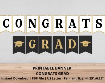 Herzlichen Glückwunsch Grad Banner | Druckbare Glückwunsch-Banner | Schwarz-Gold-Abschluss-Banner | Abschluss-Girlande | 2022 Abschlussfeier |Grad Party Decor