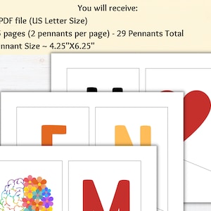 May include: A printable pennant banner with 29 pennants featuring various designs, including a brain with flowers, the letters F, M, and N, and a red heart. The pennants are 4.25 inches by 6.25 inches and are designed to be printed on US Letter size paper.