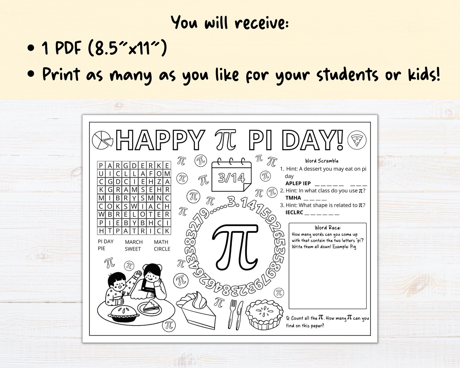 Printable Kids Pi Day Coloring Activity Sheet Kids Pi Day Worksheet Pi