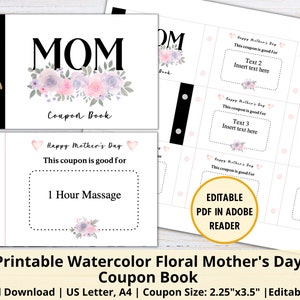 Printable Mother&#39;s Day Coupon Book | Editable Mom&#39;s Coupon Book | Watercolor Floral Coupon Book | Gift for Mom | DIY Coupon Book Template