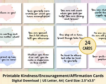 Kindness Cards | Printable Positive Affirmation Note Cards | Words of Encouragement Cards | Gratitude Cards | Lunch Box Notes