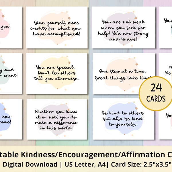 Kindness Cards | Printable Positive Affirmation Note Cards | Words of Encouragement Cards | Gratitude Cards | Lunch Box Notes