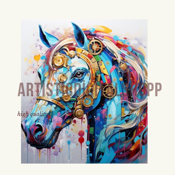Aesthetic Dance of Time - Horse Portrait Made of Metallic Colorful Clock Wheels instant digital download 20.53 mb