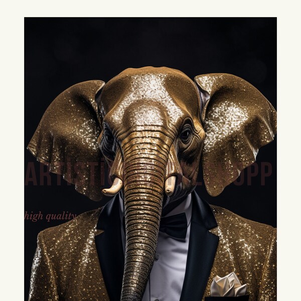 Sparkly Elephant Mask- Elephant in Suit and Bow Tie Png- Instant Download File- High Resolution