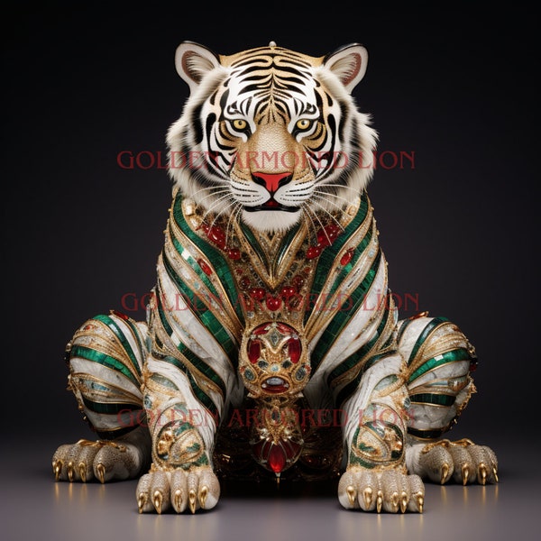 Realistic Tiger Wearing Golden Armor Decorated with Precious Stones Digital Art - High Quality PNG Download