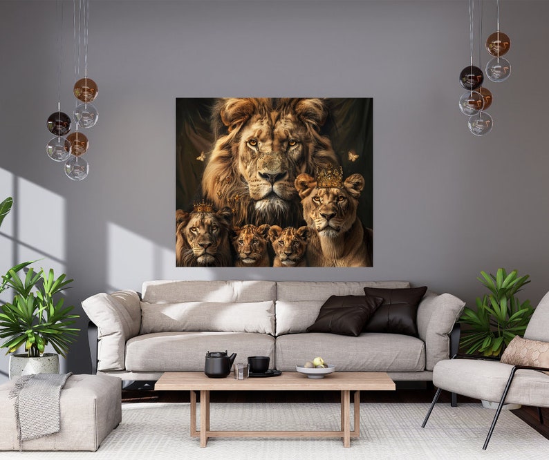Realistic Lion King and Family Decorated With Golden Crowns and ...