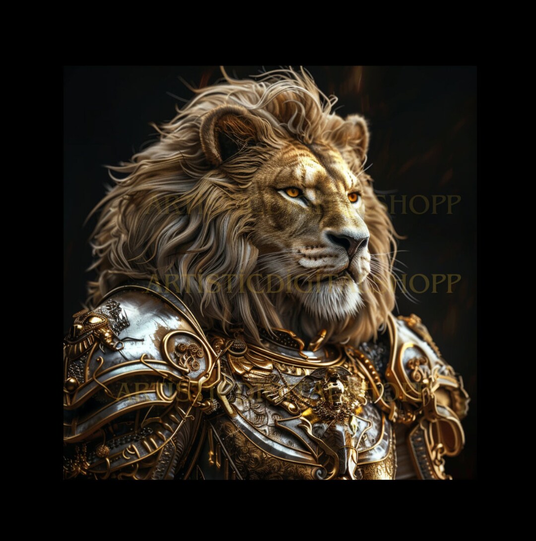 Warrior Lion Dressed in Golden Armor Power Symbol High-quality Digital ...