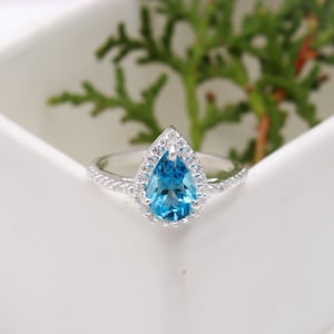 Pear Swiss Blue Topaz Ring: Sterling Silver Bridal Engagement Jewelry