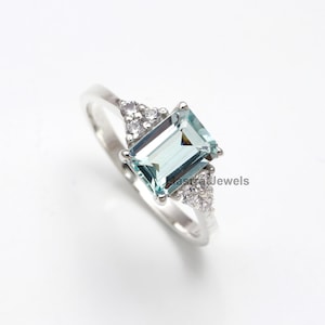 Emerald Cut Aquamarine Ring: Sterling Silver Promise Ring, March Birthstone