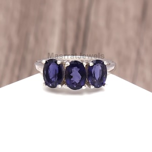 iolite Ring,  Natural Iolite Gemstone Ring, High Quality Gemstone Ring, Three Gemstones Iolite Ring, Iolite Engagement Jewelry, Gift For Her