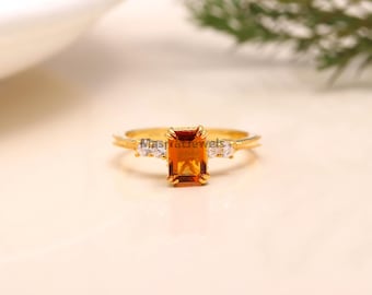 Emerald Cut Citrine Ring: Gold Plated Silver, November Birthstone