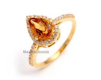 Anillo de citrino con corte de pera: plata de ley, acabado en oro amarillo, piedra natal de noviembre