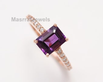 Emerald Cut Amethyst Ring: Rose Gold 925 Sterling Silver, February Birthstone