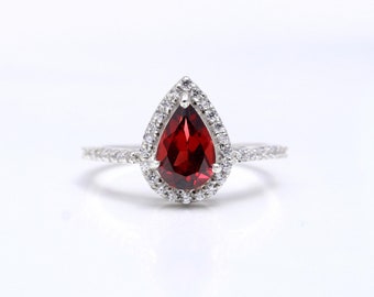 Pear Cut Natural Garnet Ring: Sterling Silver January Birthstone