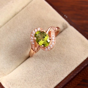 Natural Peridot Engagement Ring: Rose Gold Sterling Silver, August Birthstone